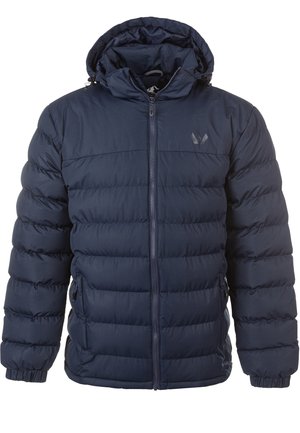 Marinblå puffjacka med huva, med quiltade sektioner, framdragkedja och elastiska muddar. Diskret logotyp på bröstet.