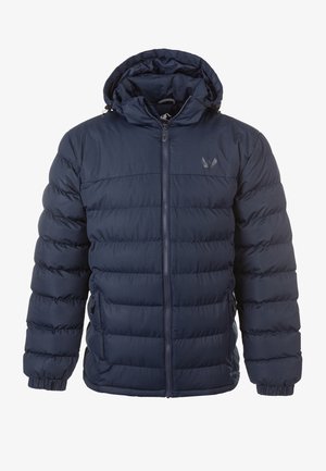 Tummansinisessä toppatakissa on huppu, jossa on tikatut osat, etuvetoketju ja elastiset hihansuut. Hienovarainen logo rinnassa.