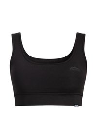 Zwarte sportbeha met een ronde hals, brede bandjes en een aansluitend ontwerp. Gemaakt van glad, rekbaar materiaal met een klein logodetail.