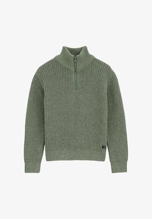 Maglione verde lavorato a maglia con colletto a mezza zip, polsini e orlo a costine, disteso su uno sfondo bianco.