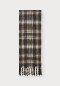 Écharpe à carreaux dans des tons de brun foncé, brun clair et crème, fabriquée dans un matériau doux avec des bords frangés. Motif serré sur l'ensemble.