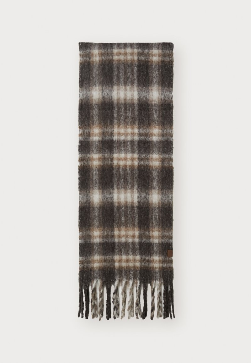 Écharpe à carreaux dans des tons de brun foncé, brun clair et crème, fabriquée dans un matériau doux avec des bords frangés. Motif serré sur l'ensemble.