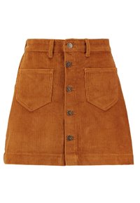 Korsettkjol i orange-brun, med rak form, framknäppning och två påsydda fickor med stickade detaljer.