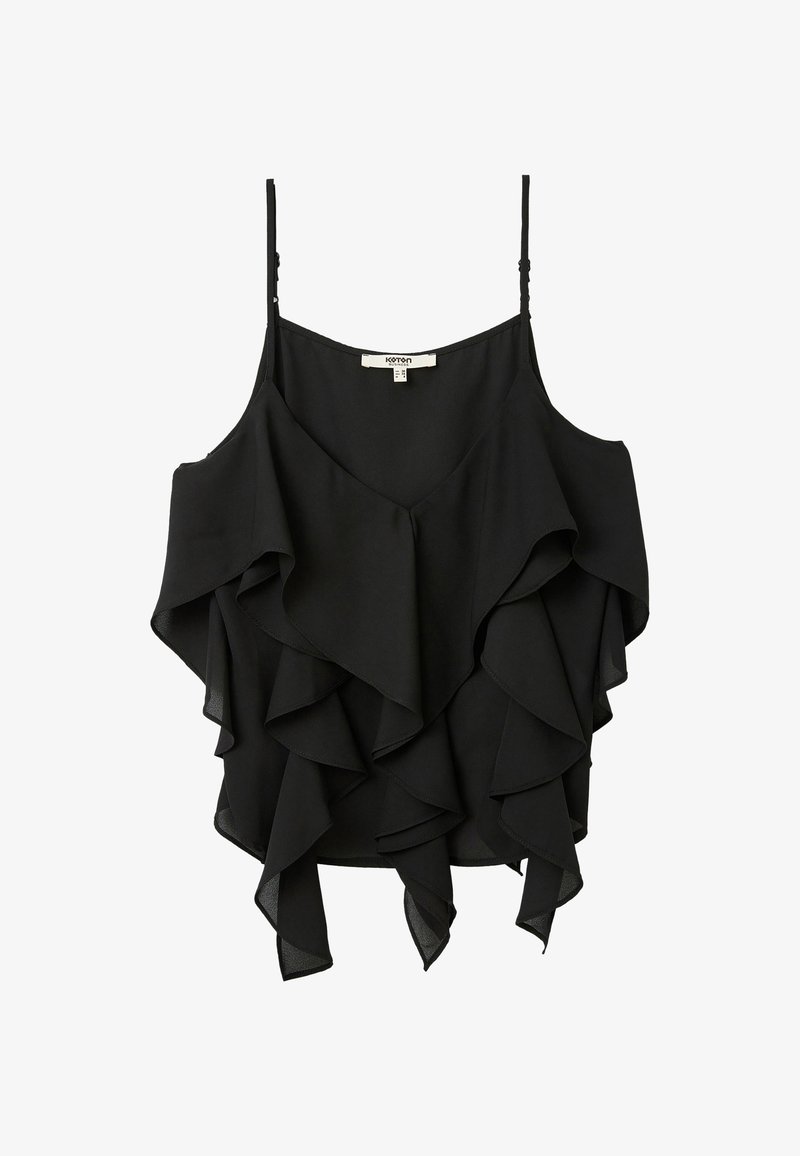 Top senza maniche nero con rouches sovrapposte, scollatura a V, spalline regolabili e una texture morbida. Presenta un design fluido e un orlo asimmetrico.