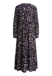 Długo rękawowa sukienka w kwiaty z granatowym tłem i białymi oraz różowymi kwiatami, z falbanowym dołem i okrągłym dekoltem. Lekki materiał.