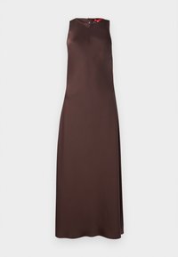 Braunes, ärmelloses Kleid mit einem hohen Rundhalsausschnitt und einem Reißverschluss im Rücken. Hergestellt aus glattem, glänzendem Stoff, mit einer bodenlangen A-Linien-Silhouette.