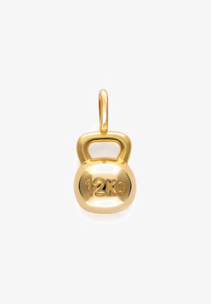 Colgante de color dorado con forma de pesa rusa, con "12KG" grabado en la parte frontal y un pequeño lazo para sujetarlo.