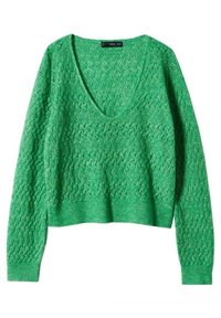 Groene gebreide trui met V-hals, lange mouwen en open haakpatroon. Verkort ontwerp met ribbelrand en textuur oppervlak.