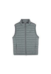 Grijze puffer vest met een hoge kraag, ritssluiting aan de voorkant en horizontaal gestikt textuur. Kenmerkt zich door een logo op de linkerborst.
