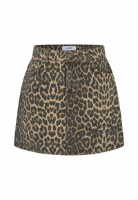 Fustă din denim cu imprimeu leopard, având talie ajustată, închidere frontală cu nasturi și două buzunare în față. Materialul este texturat, cu un finisaj rigid.