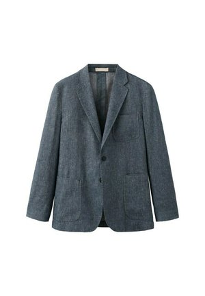 Donkergrijze enkelrijige blazer met inkeping in de revers, twee opgestikte zakken aan de voorkant, één borstzak en twee knopen.
