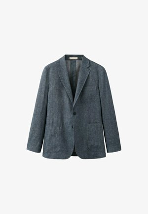 Tummanharmaa yksirivinen bleiseri lovikauluksilla, kahdella edessä olevalla päällystetyllä taskulla, yhdellä rintataskulla ja kahdella napilla.