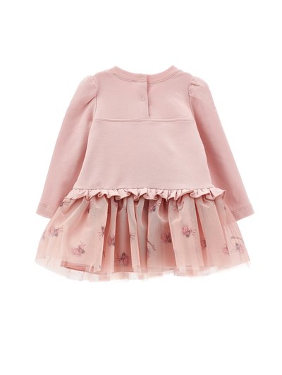 Robe rose à manches longues pour tout-petit avec taille froncée et jupe en tulle à motif floral, dotée de deux boutons-pression au dos du col.