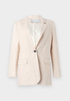 Lys beige lin blazer med en enkelt knapp, to frontlommer og et mønstret innerfor. Har et klassisk reversdesign.