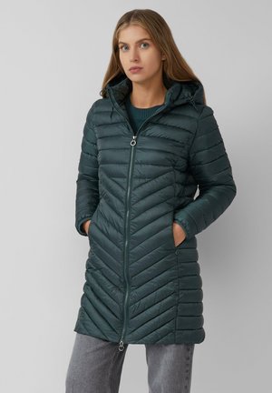 Dark green puffer coat with a hood, featuring chevron stitching, a front zipper, and side pockets. Made from a smooth, lightweight material.