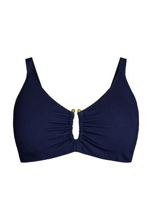 Laivastonsininen teksturoitu bikiniyläosa ohuilla hihnoilla, ryppyinen keskiosa ja kaksi pientä kullanväristä helmikoristetta etureiässä.