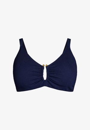 Granatowy teksturowany top bikini z cienkimi ramiączkami, marszczonym środkiem i dwoma małymi złotymi koralikami na przednim otworze.