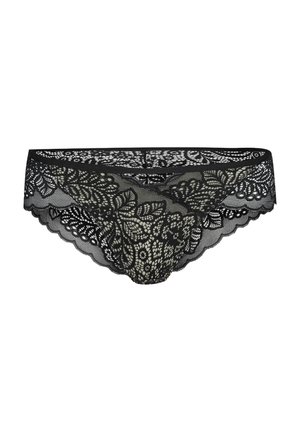 Schwarze Spitzenunterwäsche mit floralem Muster, gewellten Kanten und halbtransparenter Textur, die auf dem Stoff mit aufwendigen Details versehen ist.