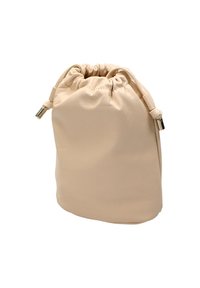 Beige læder trække-tasken med en glat overflade, afrundet form og metalliske detaljer ved lukningen. Kompakt og minimalistisk design.