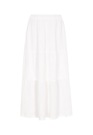 Falda maxi blanca en capas con cinturilla elástica, hecha de tejido texturizado. Presenta una forma fluida y un sutil patrón arrugado.