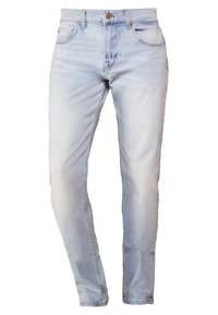 Ljusblå denimjeans med en urtvättad finish, rak benform, fem fickor och en metallknappslås vid midjan.