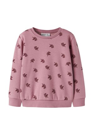 Lyse lilla børnesweatshirt med mørkelilla enhjørningehoveder, ribkant ved ærmer, kant og rund halsudskæring.