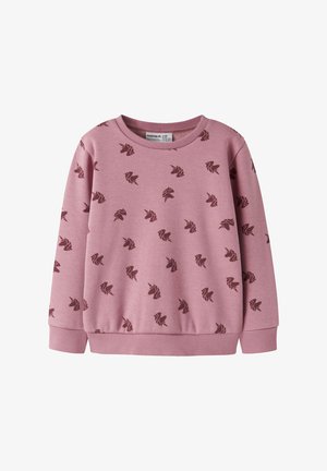 Lyse lilla børnesweatshirt med mørkelilla enhjørningehoveder, ribkant ved ærmer, kant og rund halsudskæring.