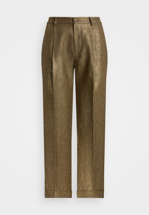 Metallic bronse skreddersydde bukser med en glatt tekstur, rette ben, frontfolder og oppbrett; har en knappelukking og beltehemper.