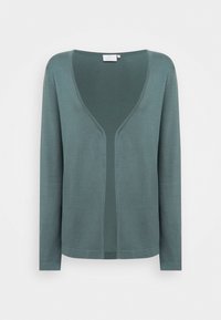 Grön, stickad kofta med djup V-halsringning och långa ärmar. Tyget är slätt och något strukturerat, med en öppen framsidesdesign.