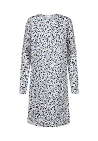 Abito a maniche lunghe in tessuto leggero che presenta un motivo floreale misto in tonalità di blu, navy e colori pastello, con scollo rotondo e vestibilità rilassata.