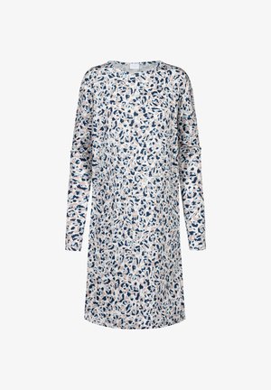 Langärmliges Kleid aus leichtem Stoff mit einem gemischten Blumenmuster in Blau-, Marine- und Pastelltönen, runden Ausschnitt und lockerer Passform.