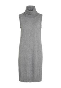 Ärmlös grå stickad klänning med hög polokrage och ribbat nederkant. Mjuk textur, figurnära design, slutar strax ovanför knäna.