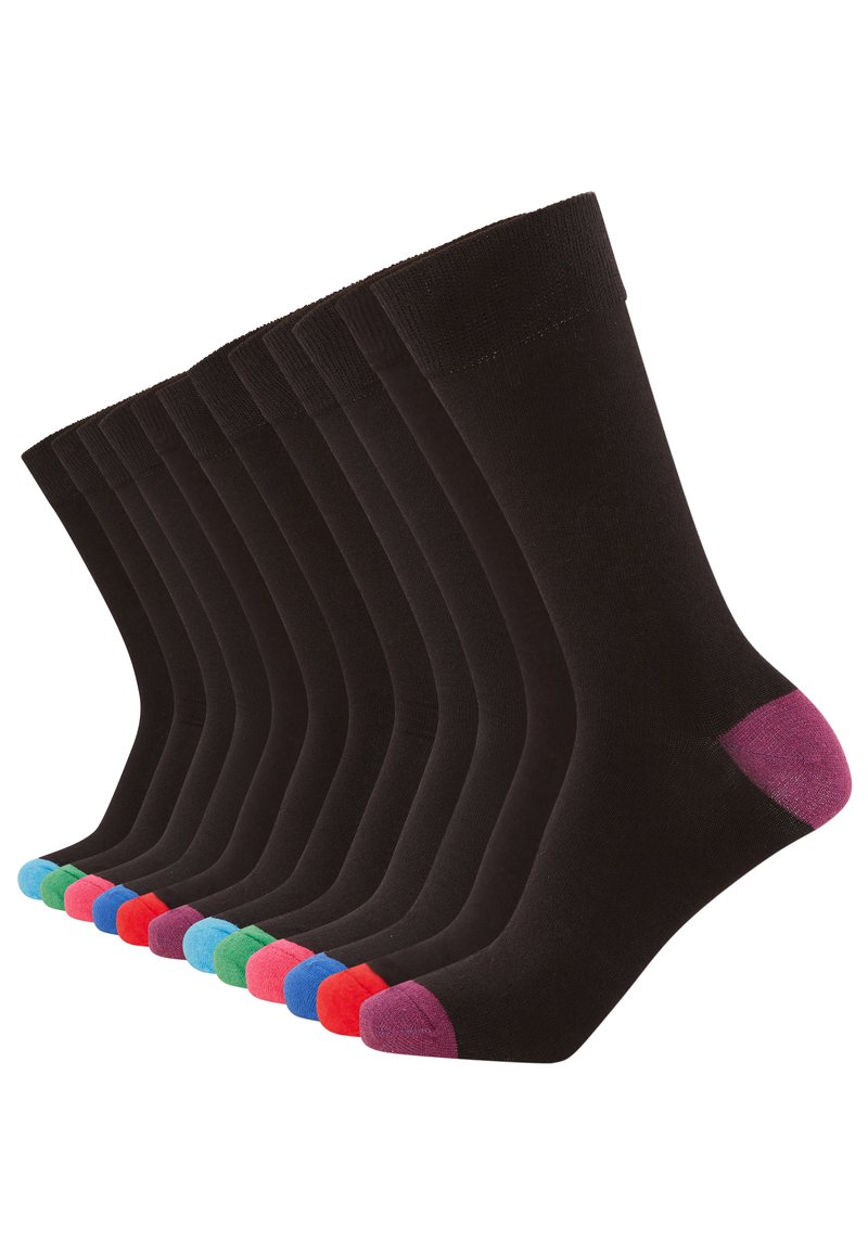 Black socks arranged in a row, featuring colorful toe accents in red, blue, green, and purple. Smooth texture, typical sock design.