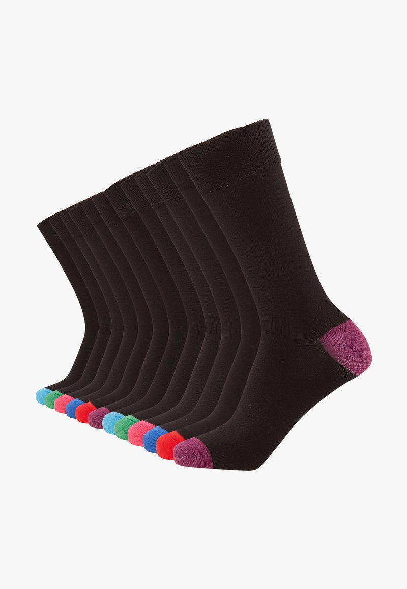 Black socks arranged in a row, featuring colorful toe accents in red, blue, green, and purple. Smooth texture, typical sock design.
