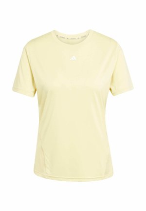 Short-sleeve yellow athletic t-shirt made from breathable fabric, featuring a crew neck and a white logo centered at the chest.