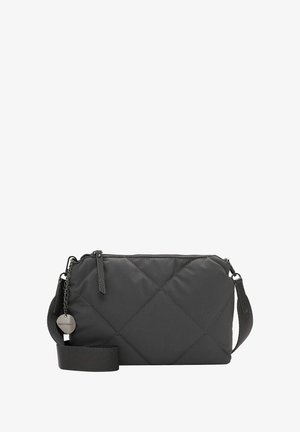 Černá prošívaná tkanina crossbody taška se zipovým uzávěrem, nastavitelným popruhem a kovovým detailem. Obsahuje diamantový vzor a hladkou texturu.