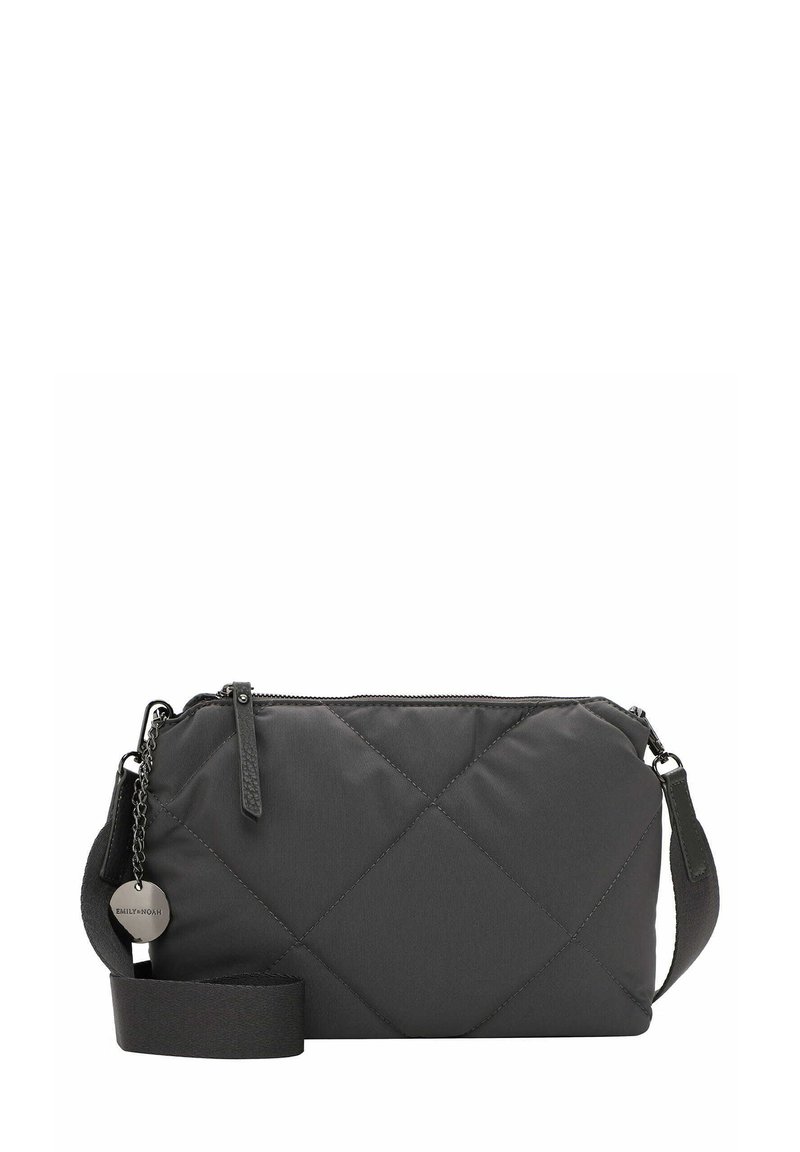Black quilted fabric crossbody bag with zipper closure, adjustable strap, and metallic charm detail. Features diamond pattern and smooth texture.