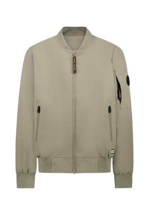 Lichtgrijze bomberjack met ritssluiting aan de voorkant, geribbelde kraag en manchetten, twee zijzakken en een armzak met een ronde accent.