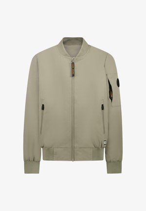 Lichtgrijze bomberjack met ritssluiting aan de voorkant, geribbelde kraag en manchetten, twee zijzakken en een armzak met een ronde accent.