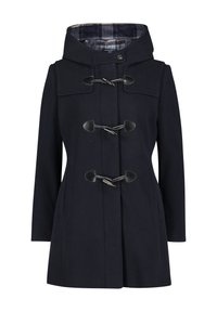 Navy wool blend coat with a hood, toggle fastenings, side pockets, and a plaid interior lining. Smooth texture with a tailored fit.