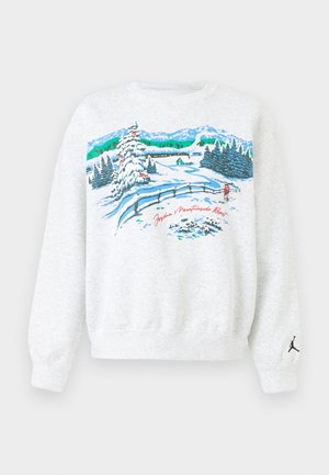 Sudadera gris con un gráfico de un paisaje montañoso nevado en azul, verde y rojo. Presenta puños acanalados y un pequeño logotipo negro en la manga.