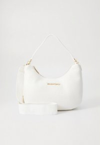 White leather handbag with a curved shape, gold hardware, and embossed brand name. Includes a removable strap with logo detailing.