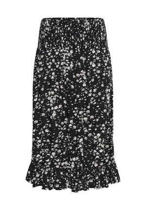 Black skirt with white floral pattern, smocked waistband, and ruffled hem. Lightweight fabric with a flowing design, knee-length.