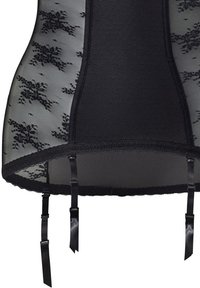 Schwarzes Korsett mit durchsichtigen, floralen Spitze-Panels, glattem Stoff, geschwungener Form und verstellbaren Satin-Trägern am Unterteil.