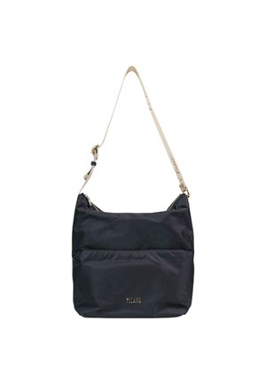 Bolso de hombro de nylon negro con correa ajustable beige y bolsillo frontal con cremallera, pequeño logo metálico en el centro frontal.
