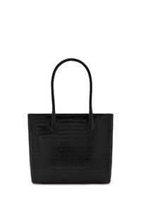 Sac fourre-tout noir en simili cuir avec un motif crocodile brillant, doté de deux longues poignées et d'un design rectangulaire spacieux.
