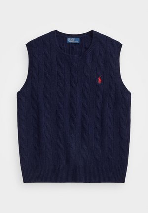Gilet sans manches à maille torsadée bleu marine avec col rond et logo rouge Polo Ralph Lauren sur la poitrine à gauche.