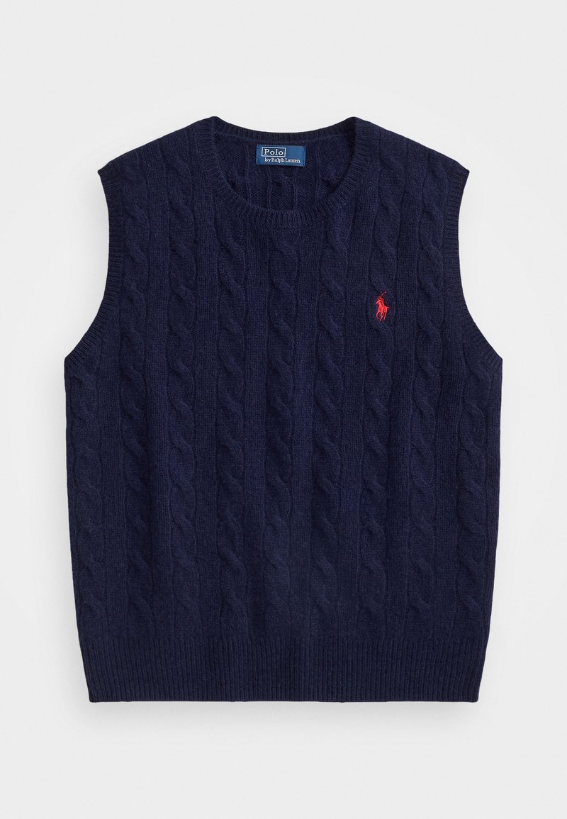 Gilet sans manches à maille torsadée bleu marine avec col rond et logo rouge Polo Ralph Lauren sur la poitrine à gauche.