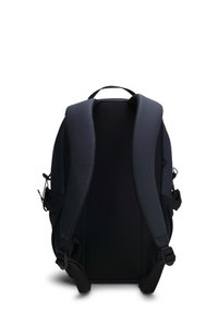 Black backpack with padded, contoured shoulder straps and a mesh backing for breathability. Features adjustable straps and side pockets.