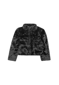 Giacca corta in finta pelliccia nera con colletto alto, due tasche frontali e tessuto morbido e texturizzato, dotata di chiusura con zip.